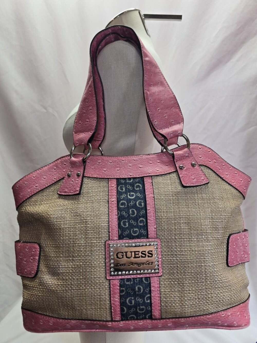 Guess Pink Ostrich Faux Leather Straw Tote Bag Y2K Boho Rhinestone Logo Purse